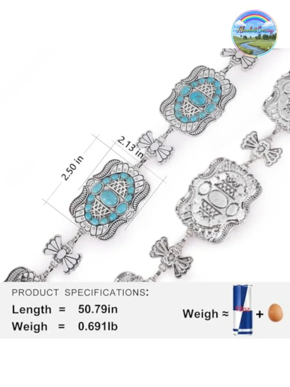 Turquoise Concho Chain Belt, Adjustable Round Link, Lobster Claw Clasp, Alloy